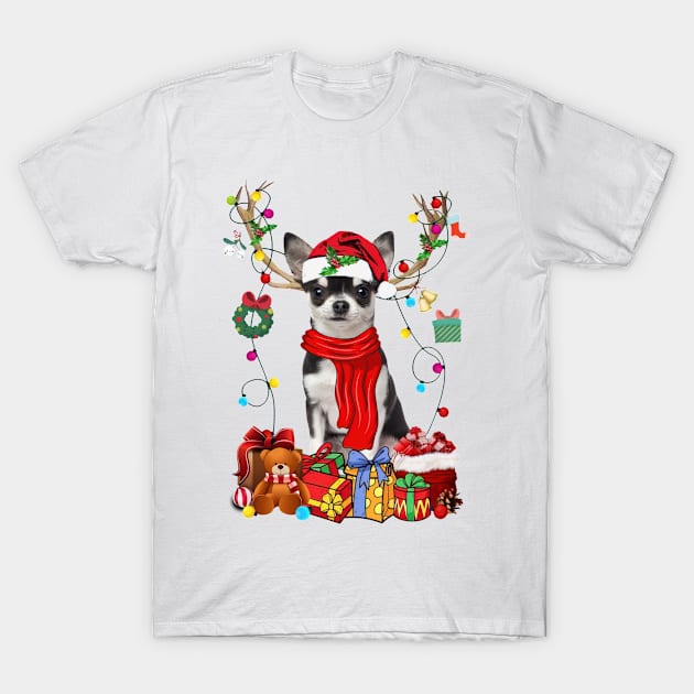 Black Chihuahua Reindeer Santa Christmas Color Lights T-Shirt by sueannharley12